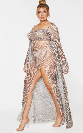 Plus Brown Zebra Mesh Maxi Kimono | Plus Size | PrettyLittleThing
