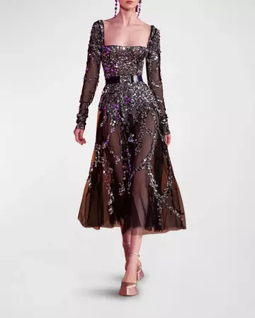 Georges Hobeika Crystal-Embroidered Long-Sleeve Tulle Midi Dress | Neiman Marcus