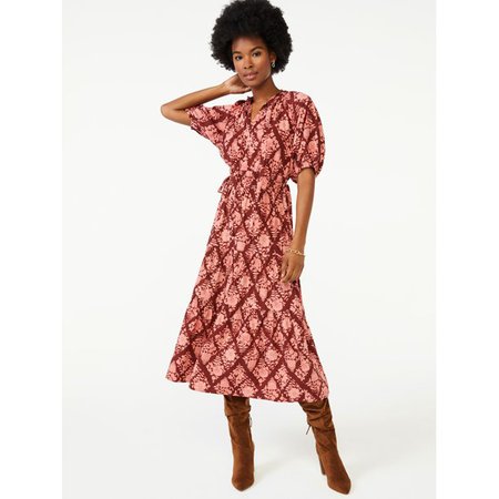 Scoop Women's Split Neck Tiered Midi Dress - Walmart.com