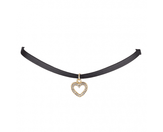Black PU Leather and Gold Tone Pave Cut Out Heart Pendant Choker