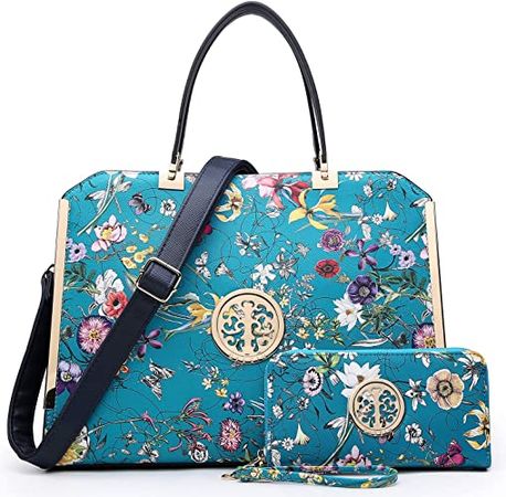 Amazon.com: Dasein Women Large Satchel Handbag Shoulder Purse Top handle Work Bag Tote With Matching Wallet (Blue Flower) : Clothing, Shoes & Jewelry
