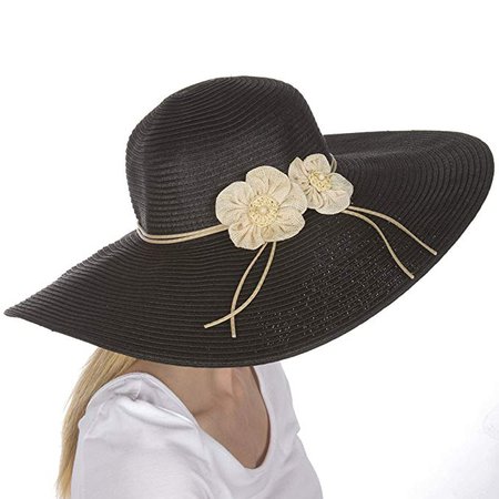 Sakkas 5241LF Bella UPF 50+ 100% Paper Straw Flower Accent Wide Brim Floppy Hat - Black - One Size at Amazon Women’s Clothing store: Sun Hats