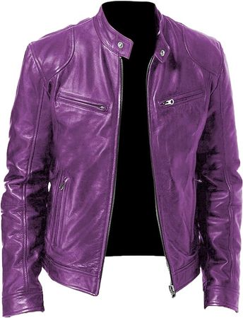 XQXCL Mens PU Faux Leather Jacket Stand Collar Zip Coats Waterproof Motorcycle Lightweight Bomber Biker Outwear,Purple,Small at Amazon Men’s Clothing store