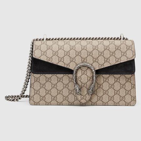Dionysus small GG shoulder bag in Beige/ebony GG Supreme canvas, a material with low environmental impact, with black suede detail | Gucci Women's Shoulder Bags
