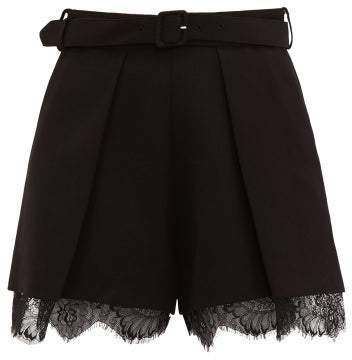 Self Portrait Lace Trimmed Pleated High Rise Crepe Shorts - Womens - Black