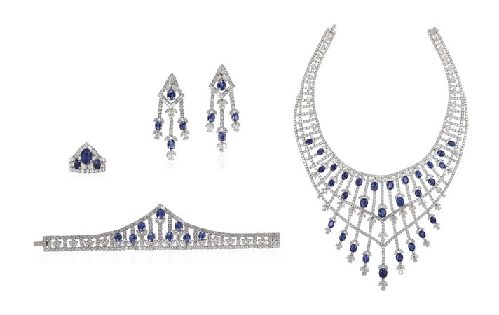 SAPPHIRE AND DIAMOND NECKLACE, EARRING, BRACELET AND RING SUITE, BY JAHAN