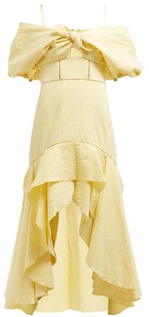 Off The Shoulder Gingham Seersucker Dress - Womens - Yellow Multi