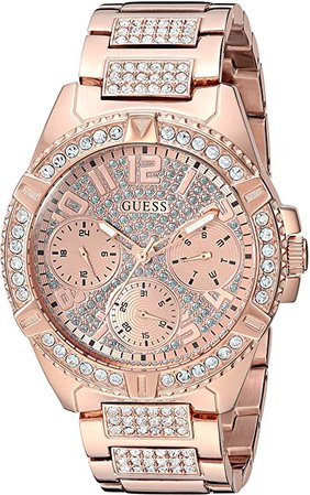 GUESS Rose Gold-Tone Stainless Steel Crystal Watch with Day, Date + 24 Hour Military/Int'l Time. Color: Rose Gold-Tone (Model: U1156L3)