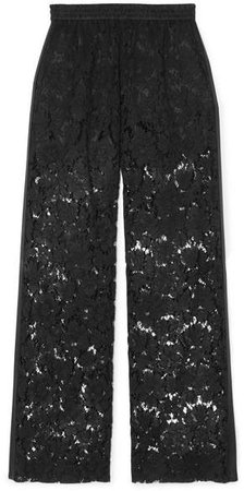 Satin-trimmed Corded Lace Wide-leg Pants - Black