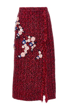 Monique LhuillierEmbroidered Tweed Skirt With Front Slit