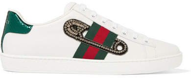 Ace Watersnake-trimmed Embellished Leather Sneakers - White