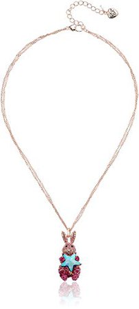 Betsey Johnson Rose Gold and Pink Bunny Pendant Necklace: Clothing