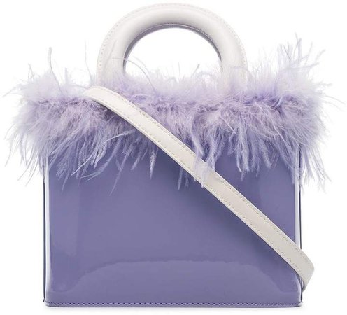 Staud purple Nic feather embellished patent leather tote bag