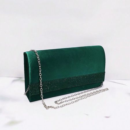 1pc Solid Color Faux Silk Flip Cover Sparkling Rhinestone Women's Evening Clutch With Chain Strap, Suitable For Wedding Party Daily Use | SHEIN