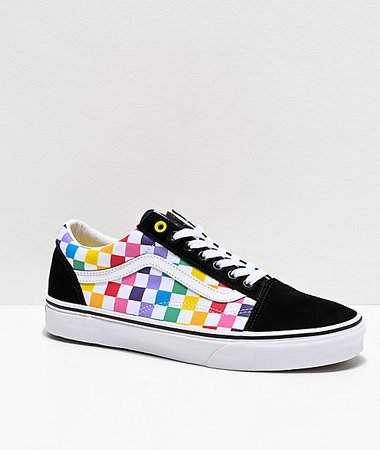 Vans Old Skool Black, White & Rainbow Checkerboard Skate Shoes | Zumiez