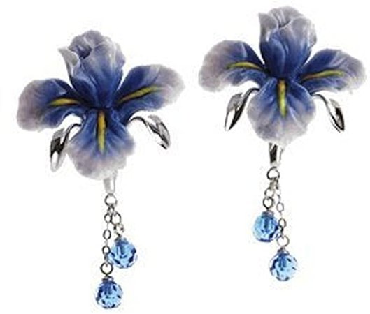 Amazon.com: Franz Porcelain - Rhodium Earrings - Blue Iris Flower: Home & Kitchen