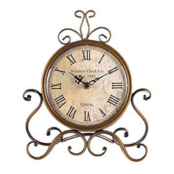 JUSTUP Vintage Table Clock, Iron European Style Desk Clock Battery Operated Non-Ticking Mantle Clock for Home Decor (Bronze): Home & Kitchen