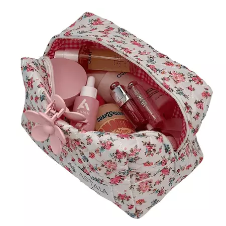 Rosa | Pink Quilted Floral + Gingham Bag | Make Up Bag | Skincare Bag