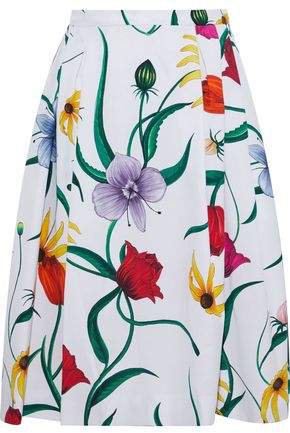 Pleated Floral-print Cotton-blend Skirt