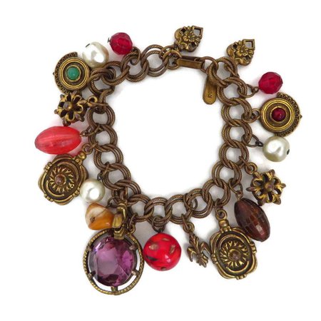 Vintage Copper Tone Charm Bracelet Medallions Beads Faux | Etsy