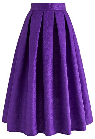 Noble Embossed Floral Jacquard Midi Skirt in Purple - Retro, Indie and Unique Fashion