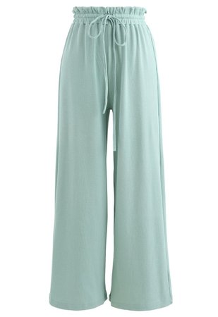Drawstring Paper-Bag Waist Ribbed Yoga Pants in Mint - Retro, Indie and Unique Fashion