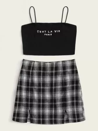 Slogan Graphic Crop Cami Top & M-slit Plaid Skirt Set | SHEIN USA black