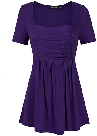 Amazon.com: Yesfashion Womens Square Neck Ruched Tops Empire Waist Tunics Short Sleeve Deep Purple L: Clothing