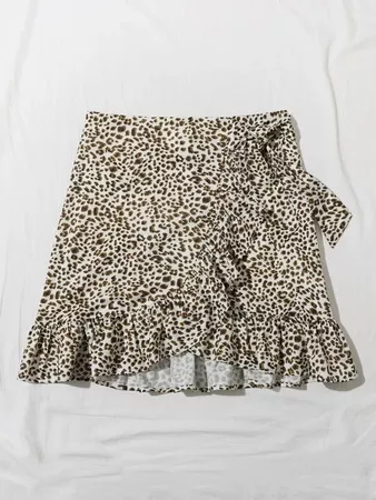Leopard Print Tie Front Ruffle Trim Wrap Skirt | SHEIN USA brown