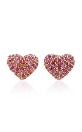 14K Gold And Sapphire Heart Stud Earrings by She Bee | Moda Operandi
