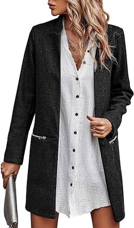 Angashion Women’s Coat, Long Sleeve Stand Collar Cardigan Mid-Long Open Front Outwear Overcoat with Zipper Pockets at Amazon Women’s Clothing store