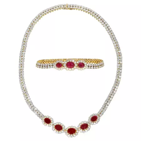Van Cleef and Arpels Ruby Cabochon and Diamond Bracelet and Necklace Set, 18k For Sale at 1stDibs