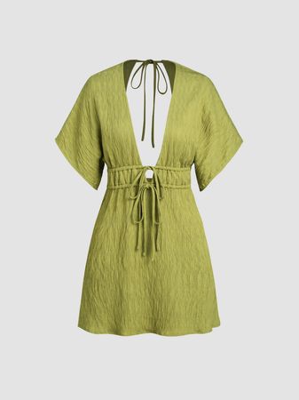 Knotted Backless Middle Sleeve Mini Dress - Cider
