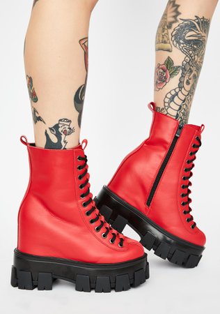Wedge Combat Lace Up Chunky Platform Boots - Red Vegan Leather | Dolls Kill
