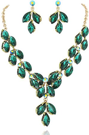 Amazon.com: SP Sophia Collection Stunning Leaf Droplet Austrian Crystal Bridal Necklace and Earring Set in Green: Clothing