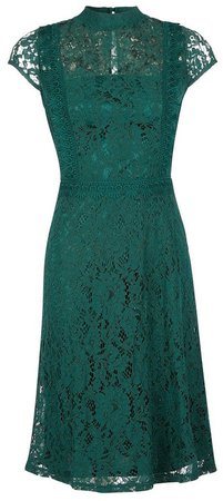 Green Shirred Neck Lace Midi Dress