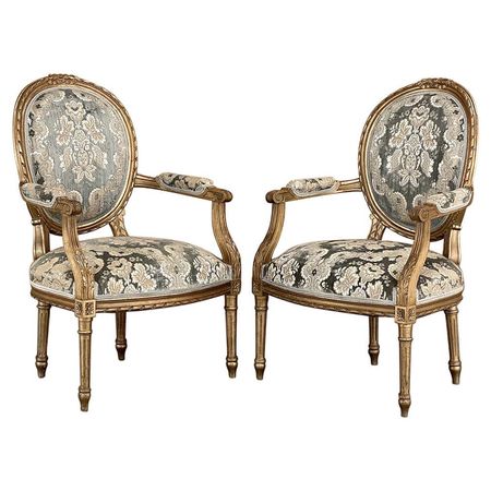 Pair 19th Century French Louis XVI Giltwood Armchairs ~ Fauteuils For Sale at 1stDibs