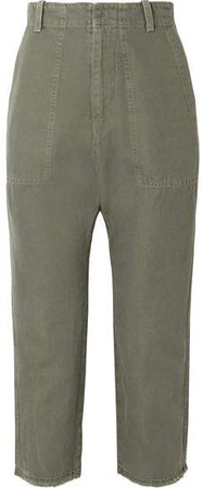Luna Cropped Cotton And Linen-blend Twill Pants - Army green