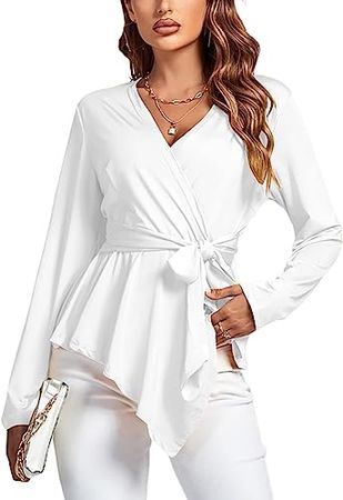 Rooscier Women's Wrap V Neck Tie Waist Peplum Ruffle Hem Long Sleeve Blouse Top Shirt at Amazon Women’s Clothing store