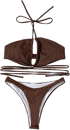 Amazon.com: SOLY HUX Women's Criss Cross Halter Tie Back Bikini Bathing Suit 2 Piece Swimsuits Coffee Brown S : Clothing, Shoes & Jewelry