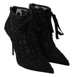Dolce & Gabbana Black Tulle Ricamo High Heel Crystal Women's Boots