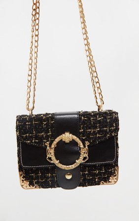 Black Tweed Gold Trim Chain Cross Body Bag | PrettyLittleThing