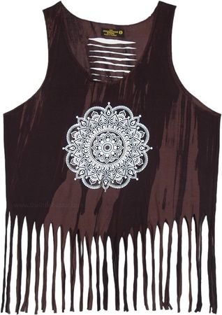 intricate Mandala Razor Back Tank Top with Bottom Fringes | Tunic-Shirt | Brown | Sleeveless, Yoga, Vacation, Beach, Printed, Bohemian