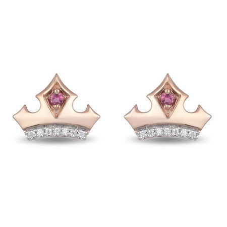 Enchanted Disney Aurora Pink Topaz and 1/20 CT. T.W. Diamond Crown Stud Earrings in 10K Rose Gold | Gemstone Earrings | Earrings | Zales