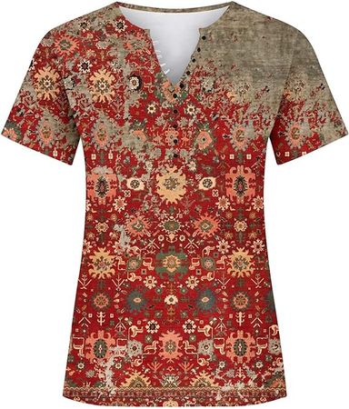 Amazon.com: Womens Henley Shirts Vintage Floral Print Short Sleeve Tee Tops Buttons Down V Neck Spring Blouse Dressy Casual Tunic Tshirt : Sports & Outdoors
