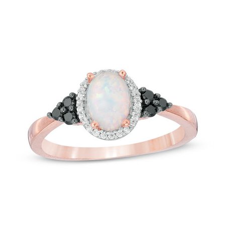 Oval Lab-Created Opal and 0.145 CT. T.W. Enhanced Black and White Diamond Frame Tri-Sides Ring in 10K Rose Gold | View All Gemstones | Peoples Jewellers