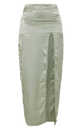 Olive Satin Split Leg Maxi Skirt | PrettyLittleThing USA