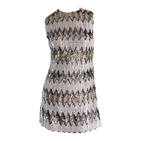 1960s All - Over Sequin Gold + Silver + White Zig Zag Vintage A - Line 60s Dress For Sale at 1stdibs