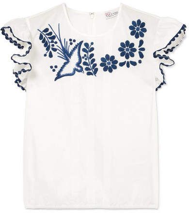 Lace-trimmed Embroidered Cotton Blouse - White
