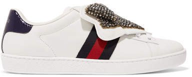 Ace Crystal-embellished Watersnake-trimmed Leather Sneakers - White